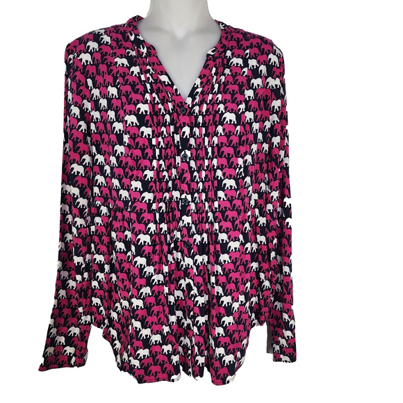 Crown & Ivy Shirt Womens Small Navy Pink Elephant Print Pleated Long Tab Sleeve - Picture 1 of 8